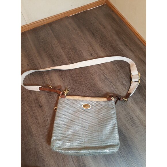 FOSSIL Explorer Woven Straw Triple Zip Hipster Crossbody Bag Blue Beige - Picture 1 of 11